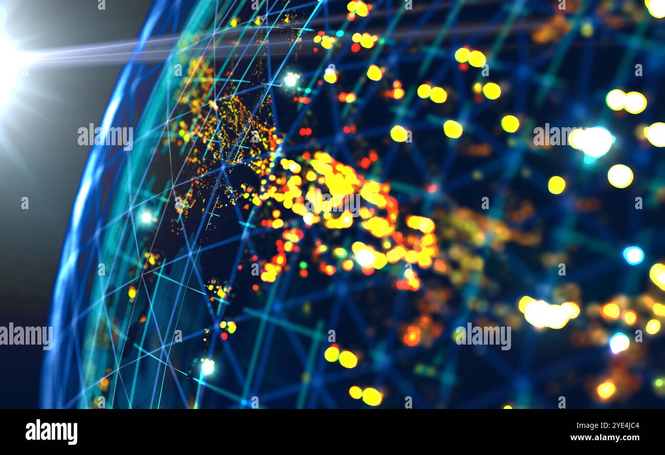 World map and city lights. Global social network and internet concept ...