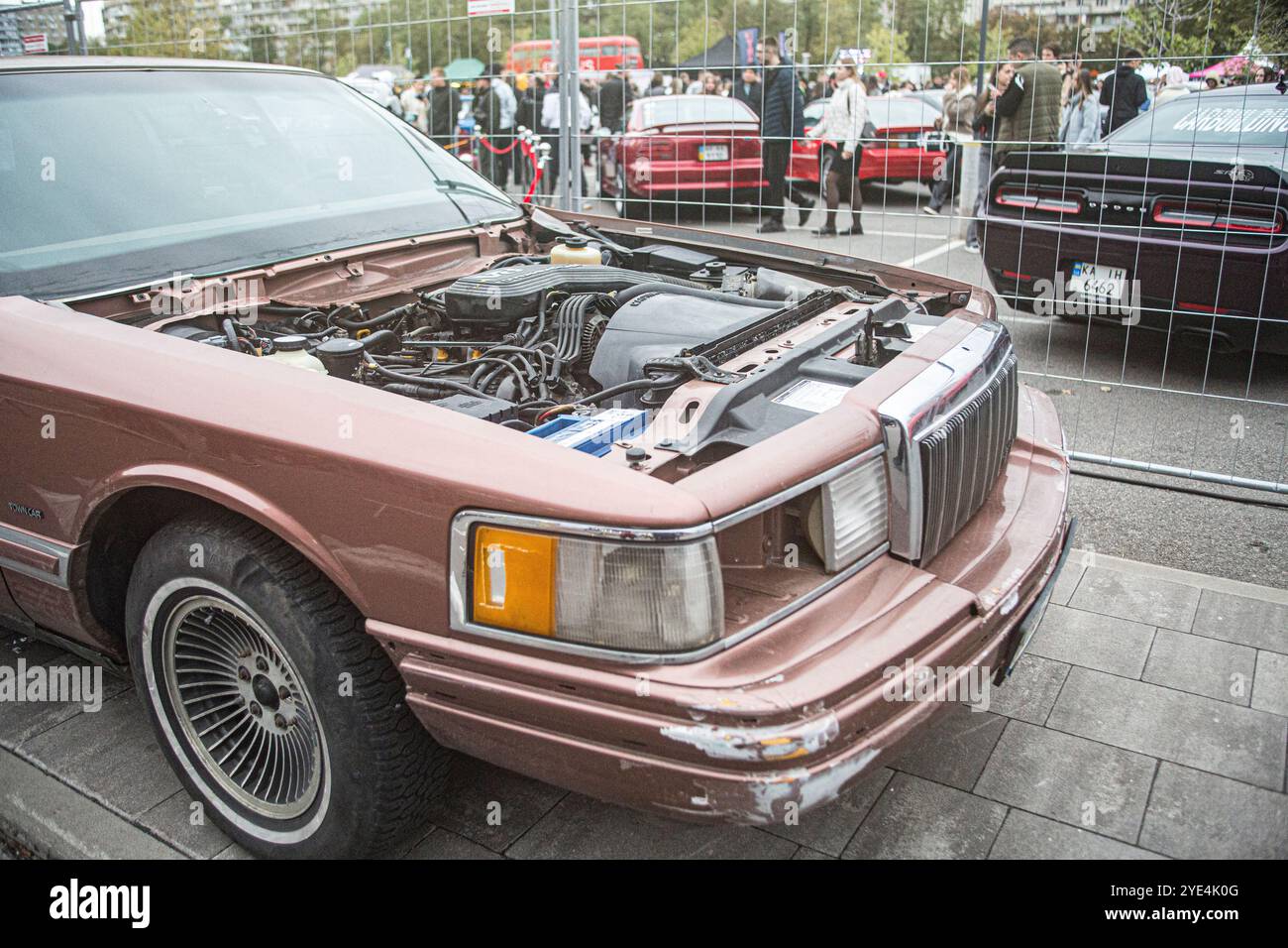 Open engine of vintage Toyota Corolla from 1980s at Kyiv Car Fest in Ukraine's capital in October 2024 which attracted many thousands of auto's lovers Stock Photo