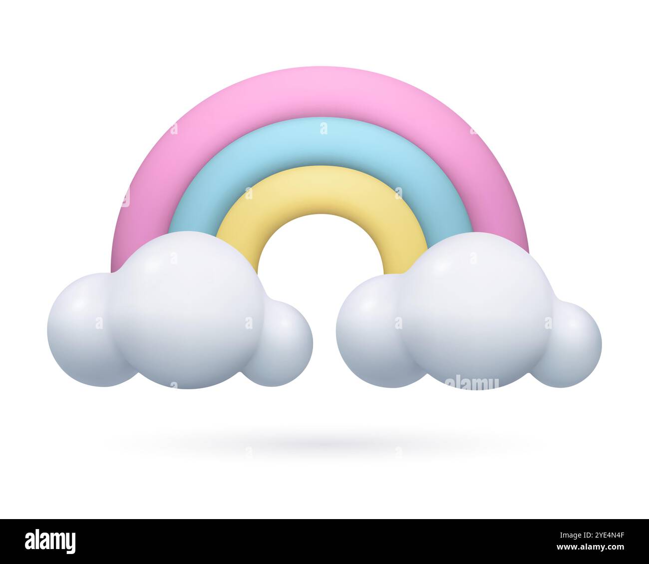 3d Rainbow Icon with white clouds realistic three dimensional cartoon plastic design element Stock Vector
