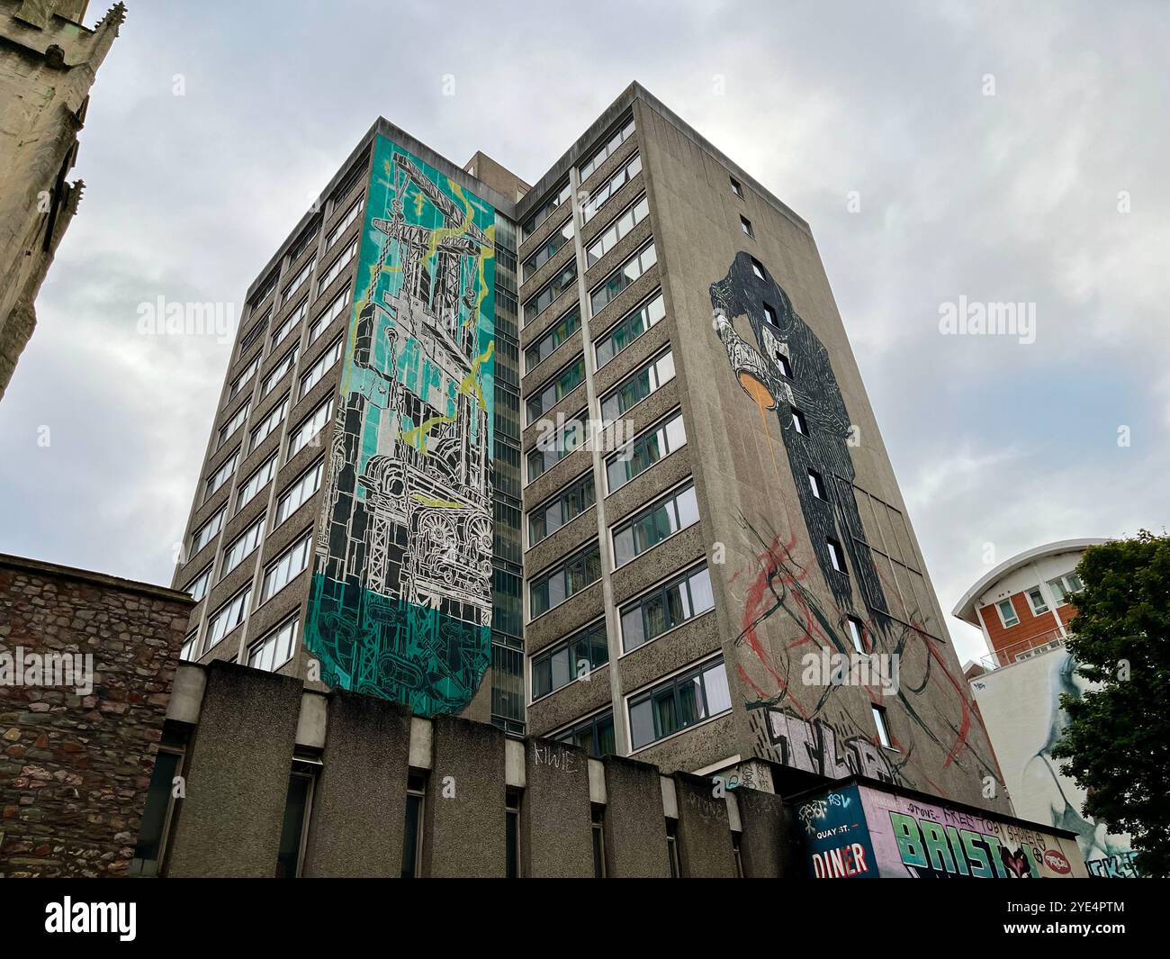 A 1960s Tower Block adorned with street art. Quay Street, Bristol, England, United Kingdom. 29th October 2024. - Smartphone Captured Stock Image