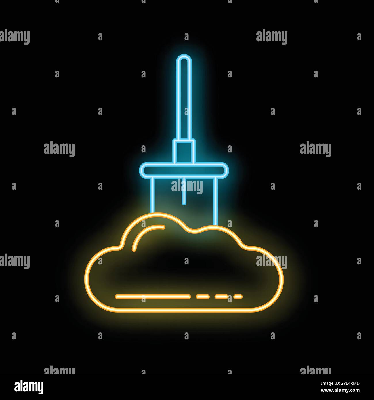 Neon glowing icon of a shovel digging a cloud representing data mining and server hosting Stock Vector