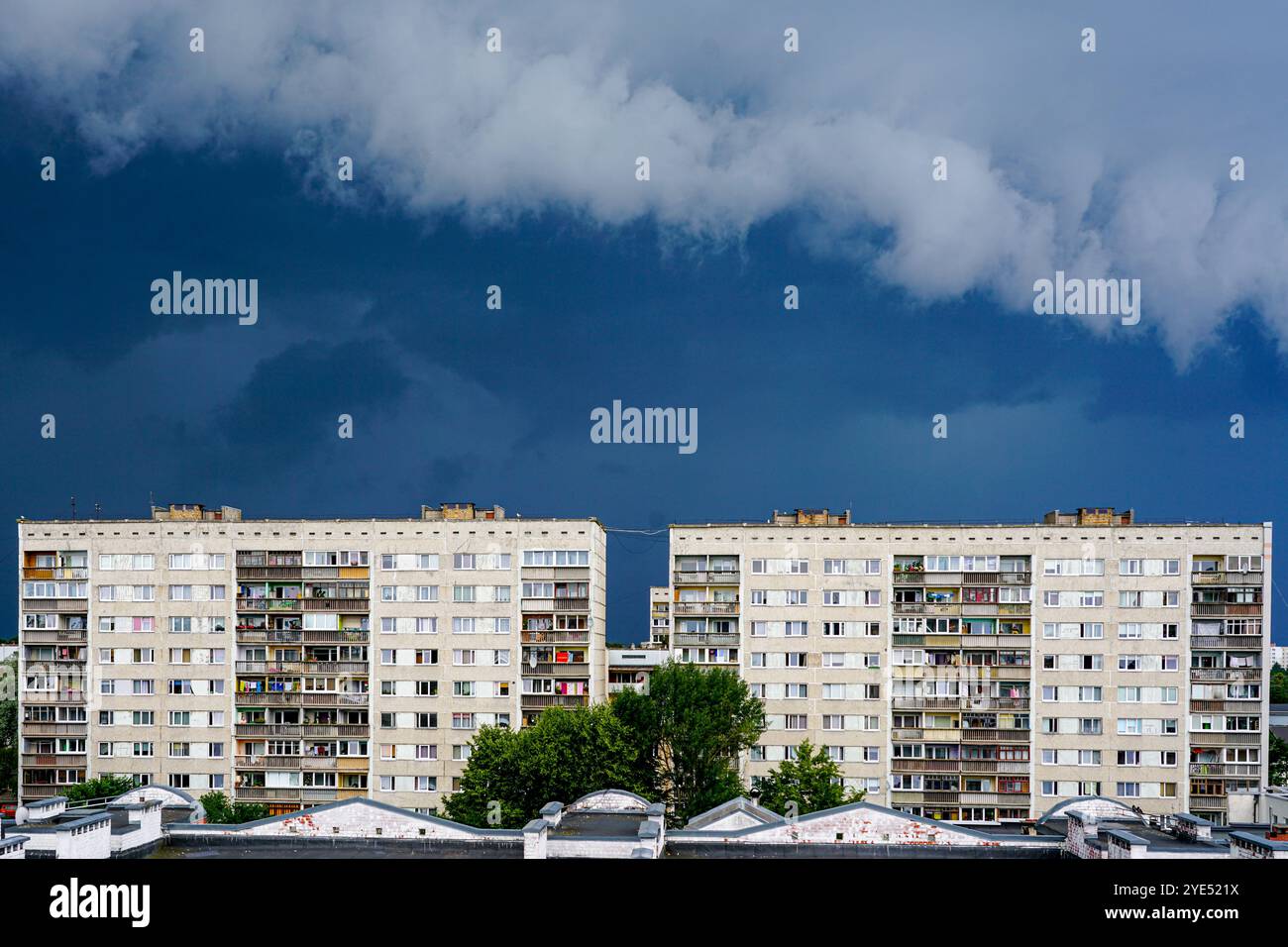 Ominous dramatic dark storm clouds over the Liepaja city in Latvia, thunderstorm front over the city, thunderstorm weather Stock Photo