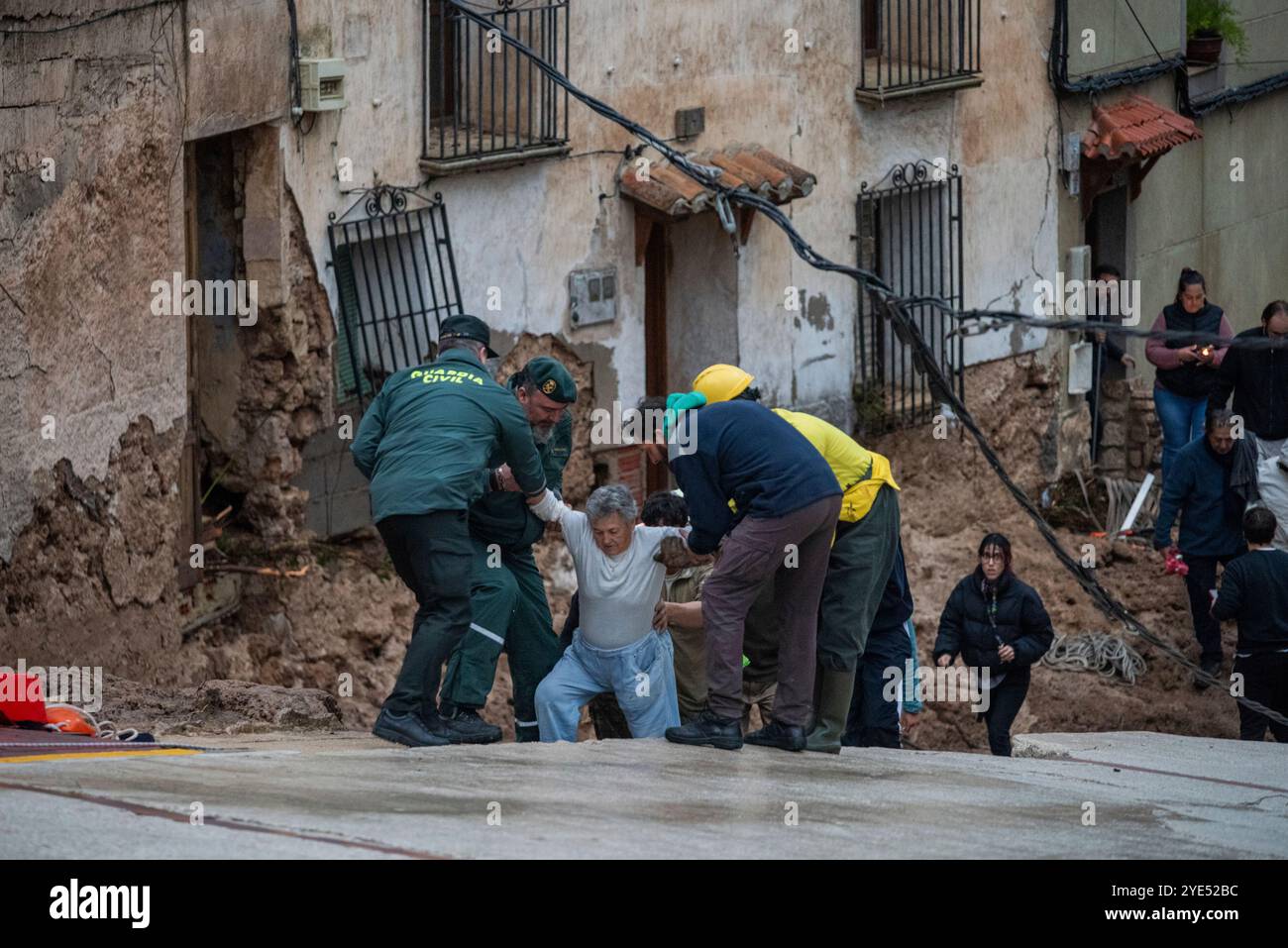 Several emergency services help in the rescue work, on October 29, 2024, in Letur, Albacete, Castilla-La Mancha (Spain). The old town of Letur, in the Sierra de Segura, has borne the brunt, with the stream overflowing and its streets turning into a torrent, where the water has swept away everything in its path. Around 30 people have been trapped in their homes in the center of Letur, in the vicinity of the Plaza del Ayuntamiento, by the flood. Five more people remain in a restaurant and another one has asked for help from the place La Cascada, near the town. OCTOBER 29;2024 Víctor Fernández / Stock Photo