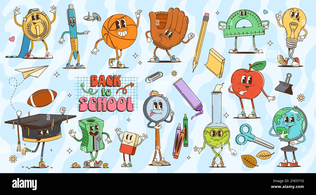 Retro groovy school education stationery characters of vector pen ...