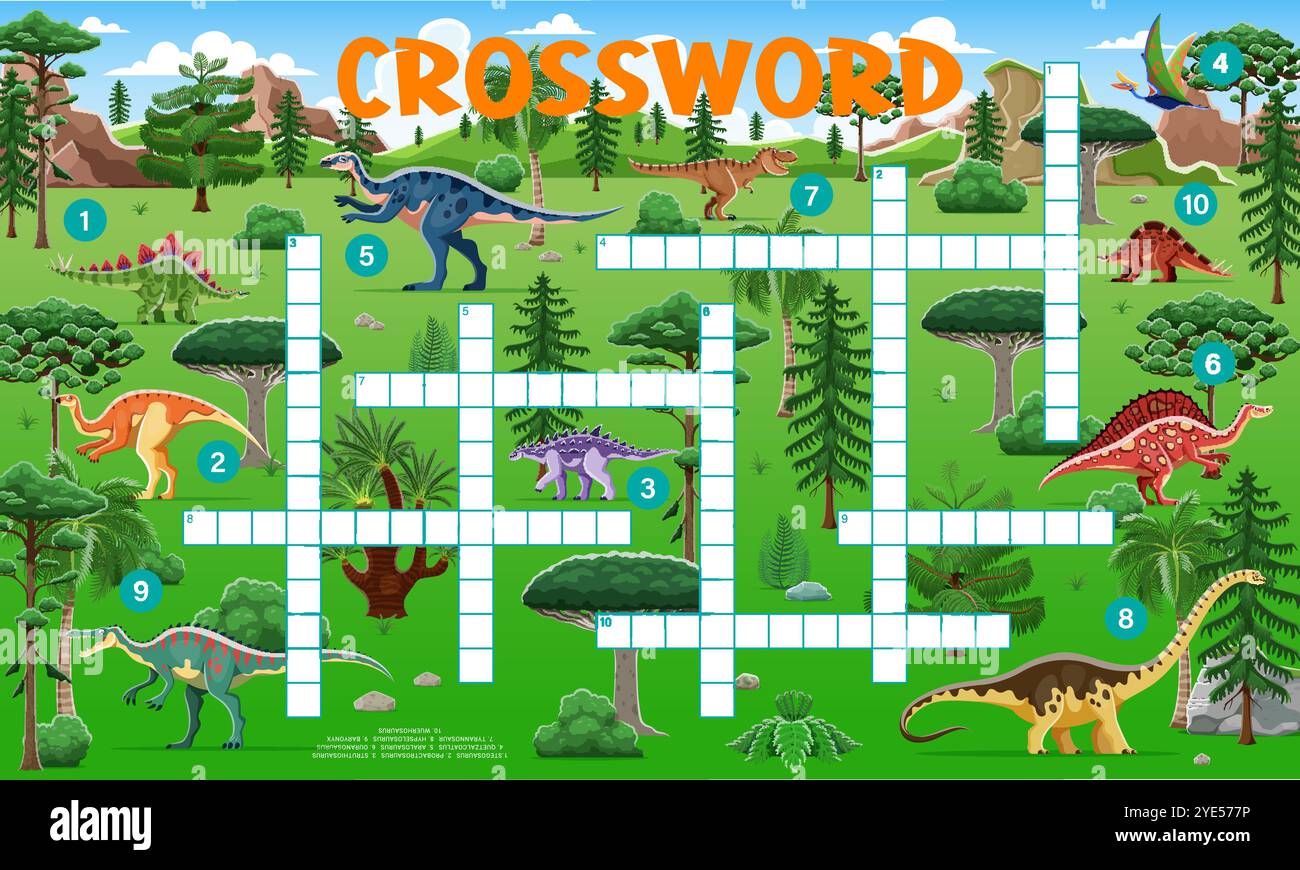 Cartoon dinosaurs crossword quiz game grid Vector colorful and