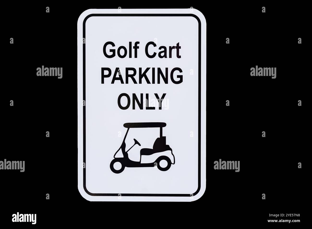 sign golf cart parking only white sign with black letters isolated on black background Stock Photo