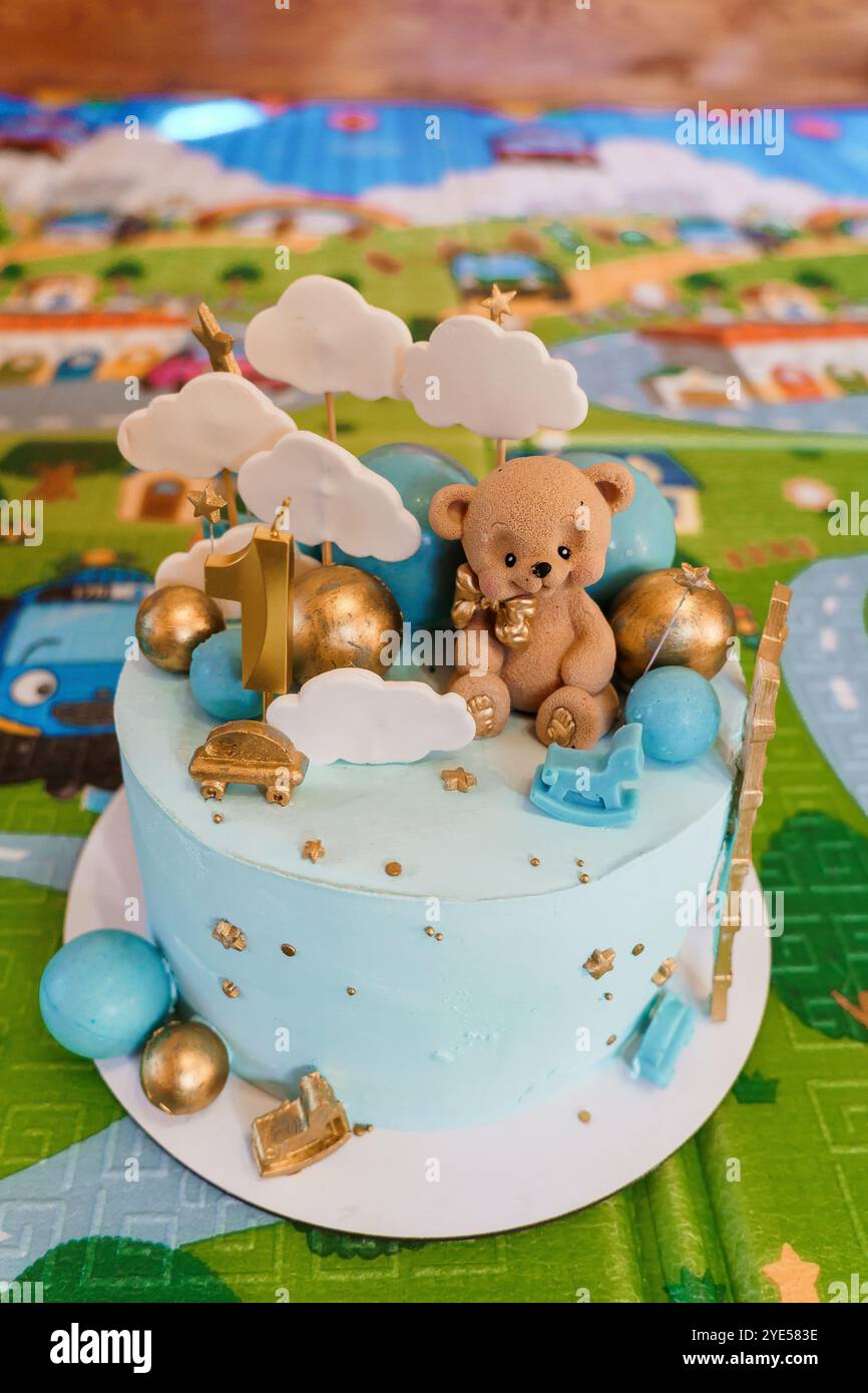 Cute Blue Teddy Bear Birthday Cake with Decorative Elements Stock Photo ...