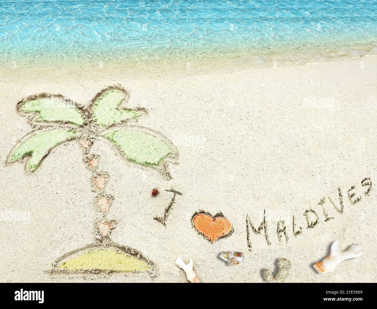 Inscription "I LOVE MALDIVES" in the sand on a tropical island, Maldives Stock Photo - Alamy