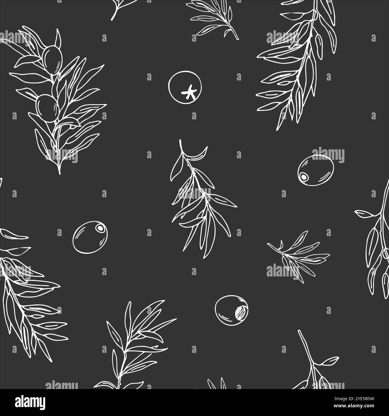 Graphic seamless pattern with branches of olives on a black background ...