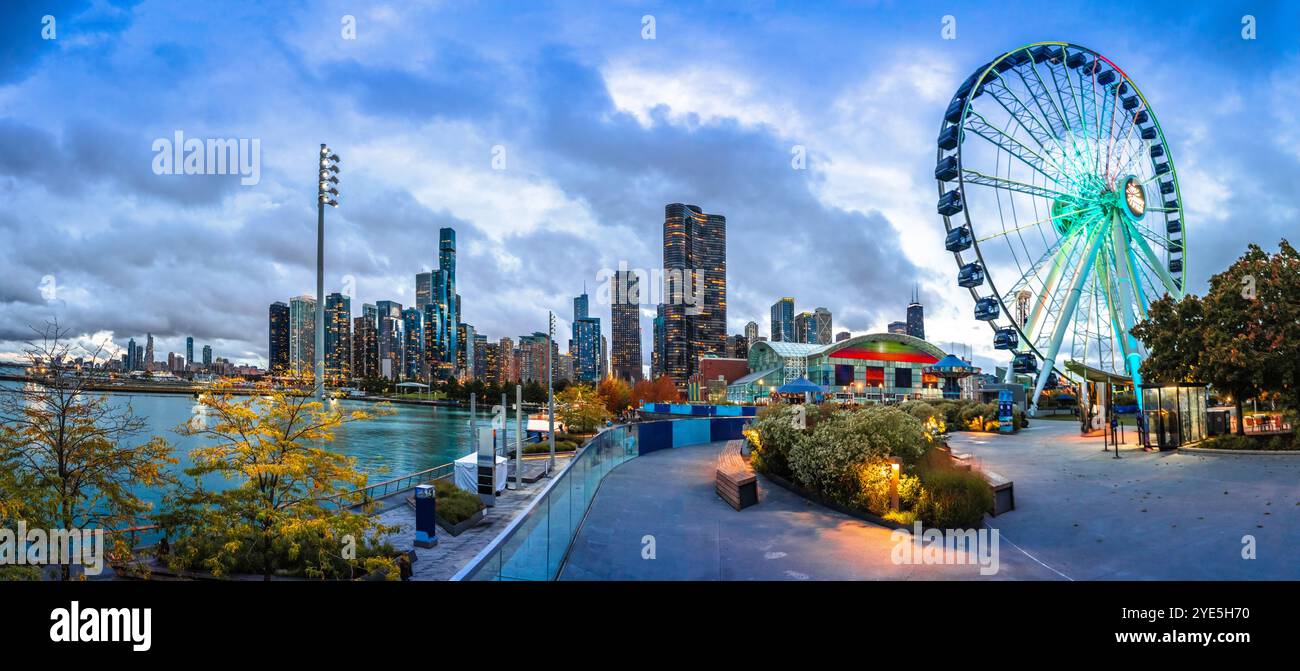 Chicago evening panoramic view from Navy pier,  giant Ferris wheel, state of Illinois, USA Stock Photo