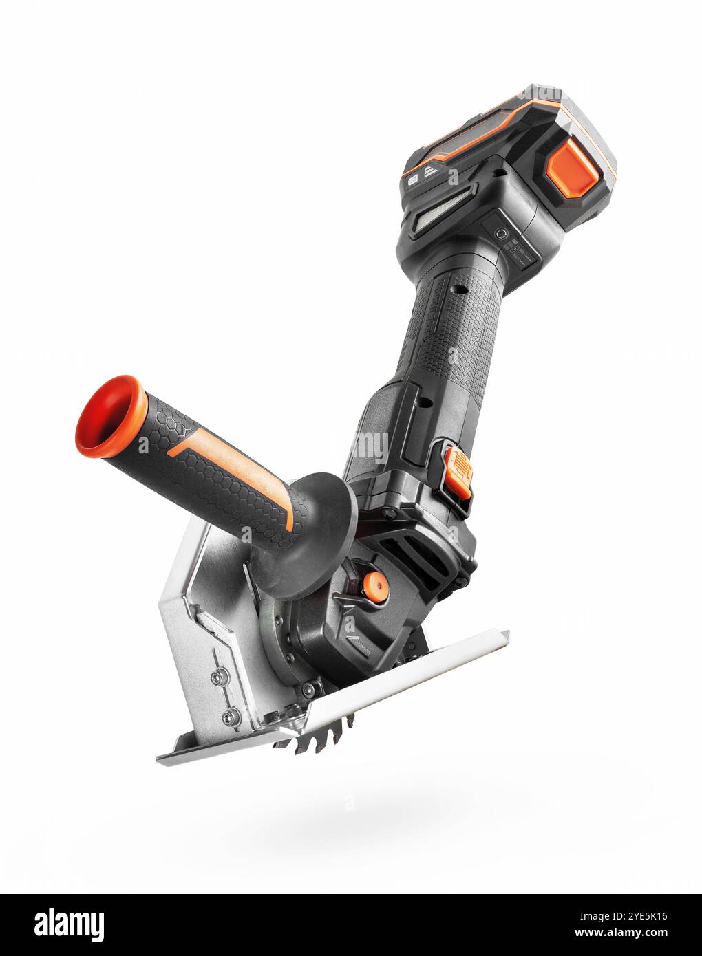Angle grinder with a wood-cutting disc on white background Stock Photo