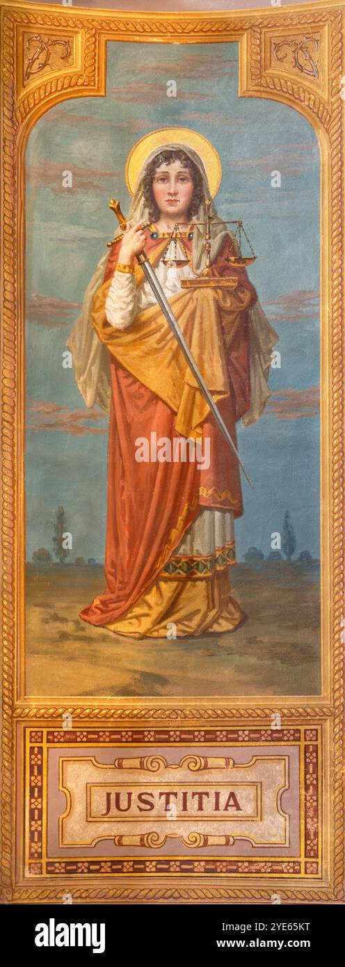 ASTI, ITALY - SEPTEMBER 10, 2024: The symbolic fresco of Justice in the church Santuario Di San Giuseppe probably by Lorenzo Lajolo from 20. cent. Stock Photo