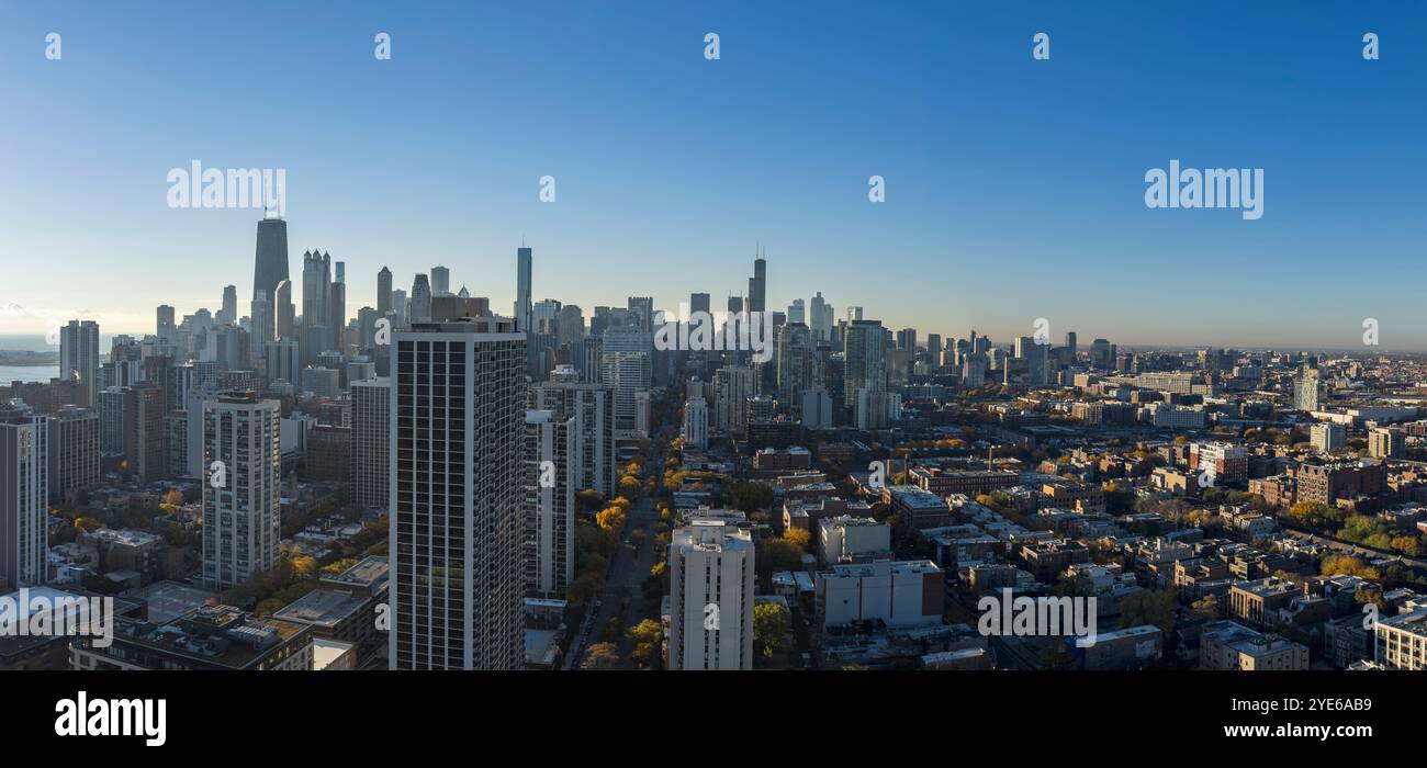 Panoramic qerial skyline of Chicago at sunrise, Illinois, USA - Smartphone Captured Stock Image