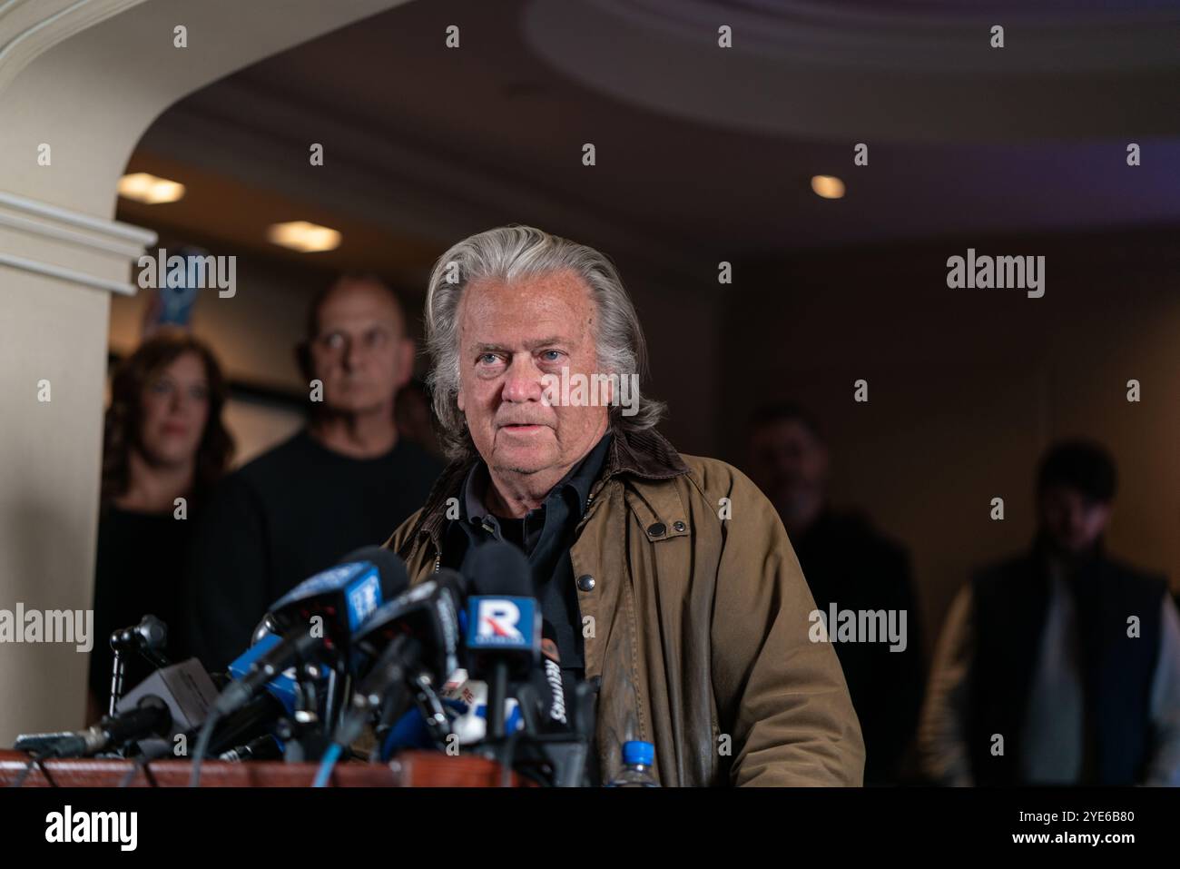 New York Ciy, USA. 29th Oct, 2024. Steve Bannon held a press conference at the Loews Regency hotel in midtown Manhattan New York City, NY October 29, 2024 after being released from prison. Bannon who was a top advisor to former President Donald Trump served a four month sentence at a Federal Correctional Institution in Danbury, Connecticut for contempt of Cogress over the Jan. 6th Capitol riot. (Photo by Steve Sanchez/Sipa USA). Credit: Sipa USA/Alamy Live News Stock Photo