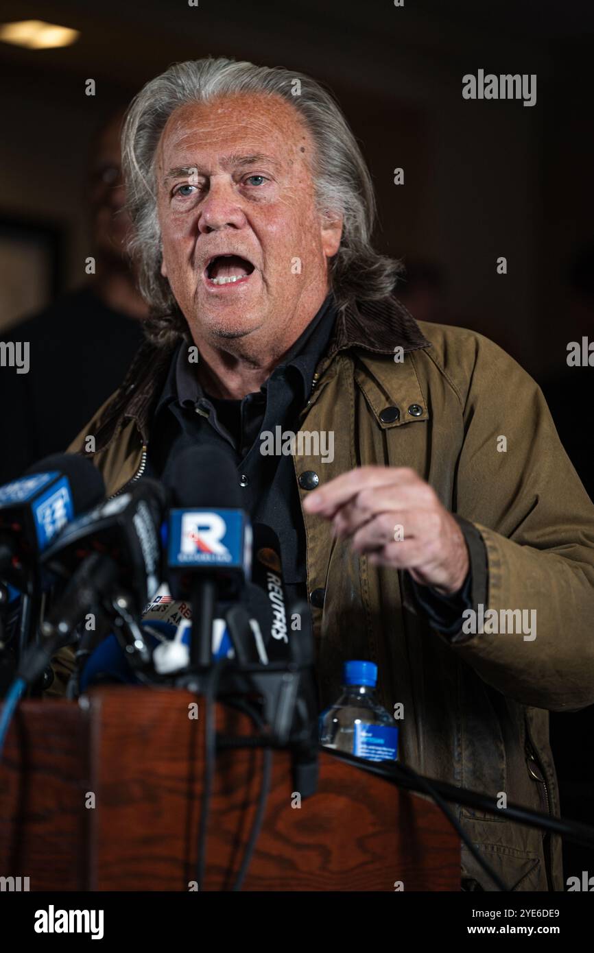 New York Ciy, USA. 29th Oct, 2024. Steve Bannon held a press conference at the Loews Regency hotel in midtown Manhattan New York City, NY October 29, 2024 after being released from prison. Bannon who was a top advisor to former President Donald Trump served a four month sentence at a Federal Correctional Institution in Danbury, Connecticut for contempt of Cogress over the Jan. 6th Capitol riot. (Photo by Steve Sanchez/Sipa USA). Credit: Sipa USA/Alamy Live News Stock Photo