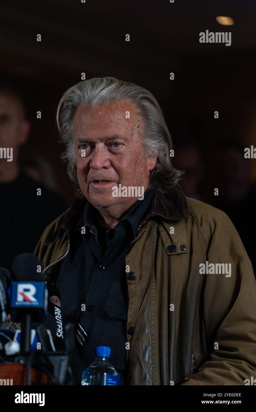 New York Ciy, USA. 29th Oct, 2024. Steve Bannon held a press conference at the Loews Regency hotel in midtown Manhattan New York City, NY October 29, 2024 after being released from prison. Bannon who was a top advisor to former President Donald Trump served a four month sentence at a Federal Correctional Institution in Danbury, Connecticut for contempt of Cogress over the Jan. 6th Capitol riot. (Photo by Steve Sanchez/Sipa USA). Credit: Sipa USA/Alamy Live News Stock Photo