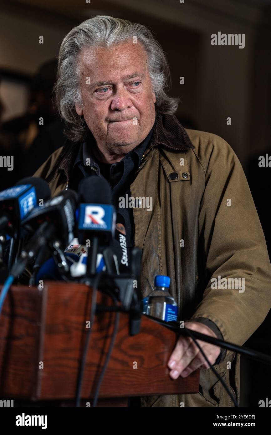 New York Ciy, USA. 29th Oct, 2024. Steve Bannon held a press conference at the Loews Regency hotel in midtown Manhattan New York City, NY October 29, 2024 after being released from prison. Bannon who was a top advisor to former President Donald Trump served a four month sentence at a Federal Correctional Institution in Danbury, Connecticut for contempt of Cogress over the Jan. 6th Capitol riot. (Photo by Steve Sanchez/Sipa USA). Credit: Sipa USA/Alamy Live News Stock Photo