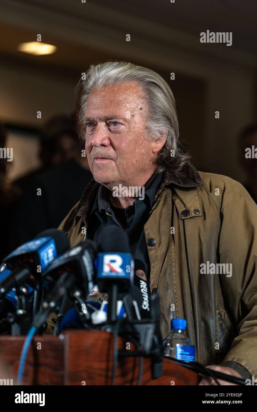 New York Ciy, USA. 29th Oct, 2024. Steve Bannon held a press conference at the Loews Regency hotel in midtown Manhattan New York City, NY October 29, 2024 after being released from prison. Bannon who was a top advisor to former President Donald Trump served a four month sentence at a Federal Correctional Institution in Danbury, Connecticut for contempt of Cogress over the Jan. 6th Capitol riot. (Photo by Steve Sanchez/Sipa USA). Credit: Sipa USA/Alamy Live News Stock Photo