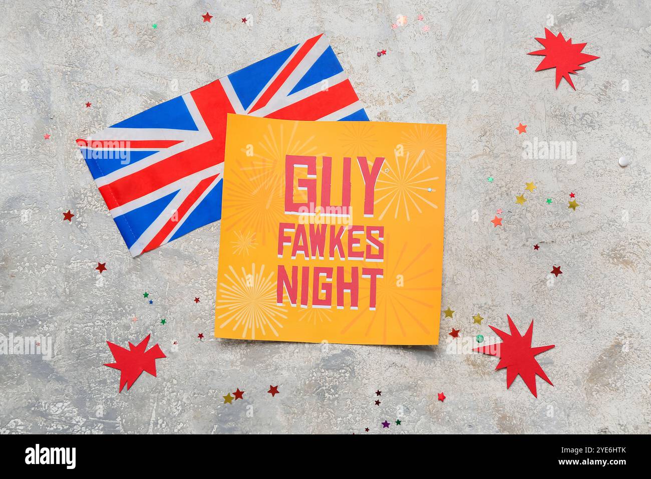 Greeting card for Guy Fawkes night, flag of Great Britain, confetti and ...