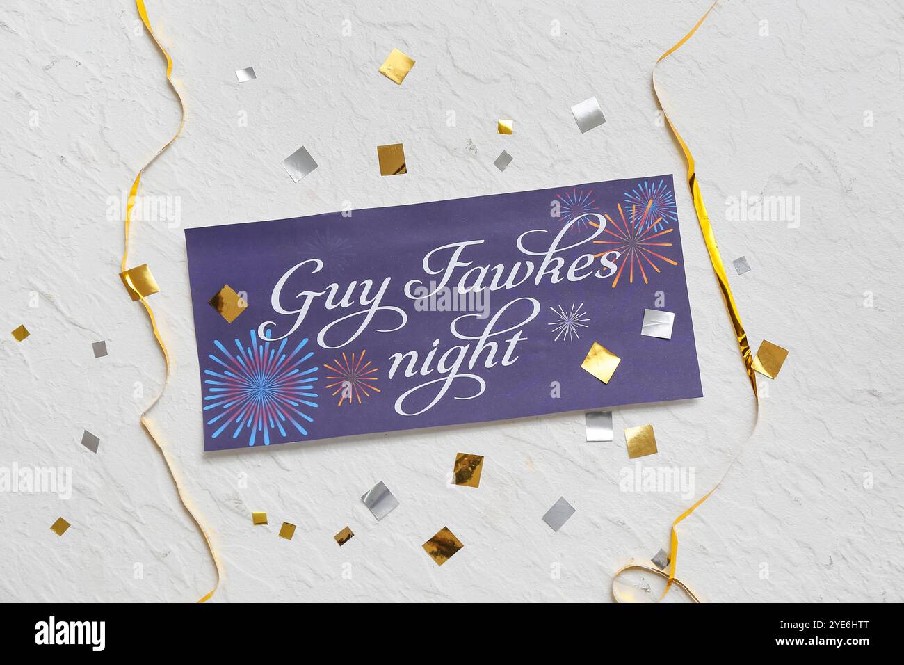 Greeting card for Guy Fawkes night with confetti and ribbons on white ...