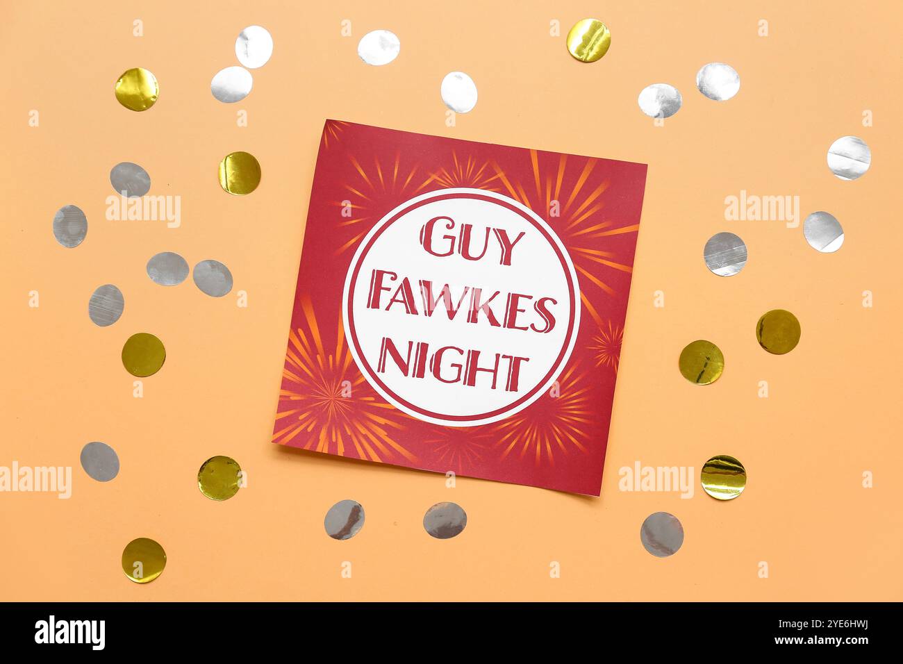 Greeting card for Guy Fawkes night with confetti on beige background ...