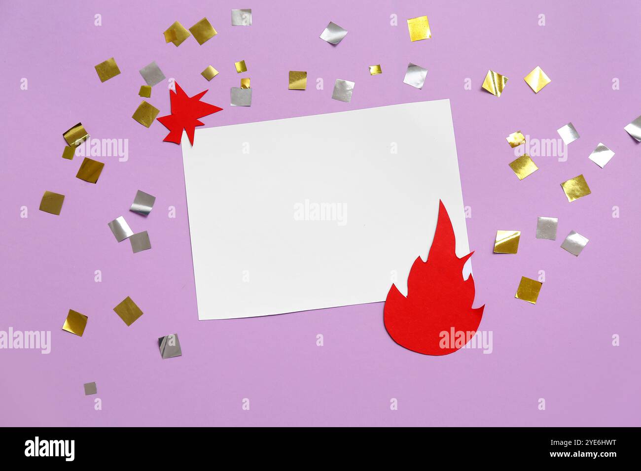Blank card for Guy Fawkes night with confetti and paper decor on purple ...