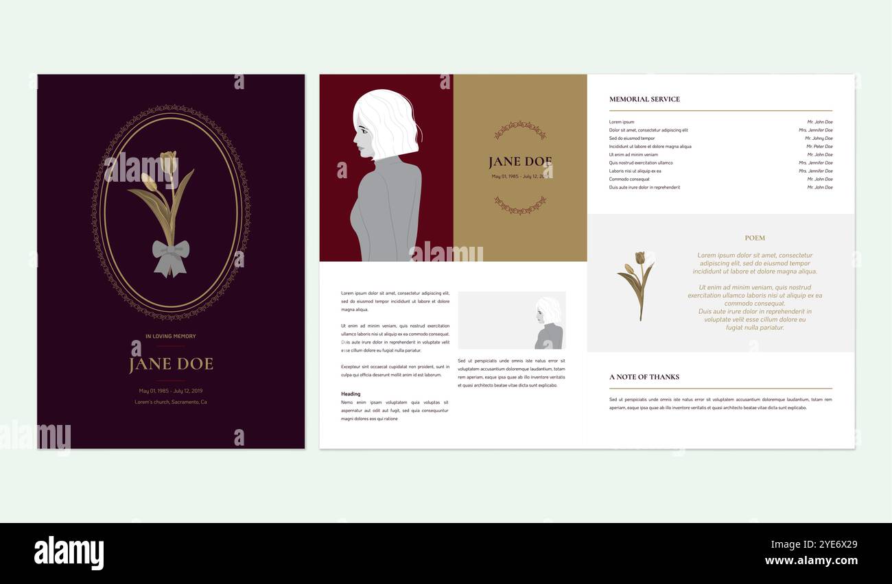 Floral memorial and funeral invitation card template design, tulip flower, dark purple and brown tones Stock Vector