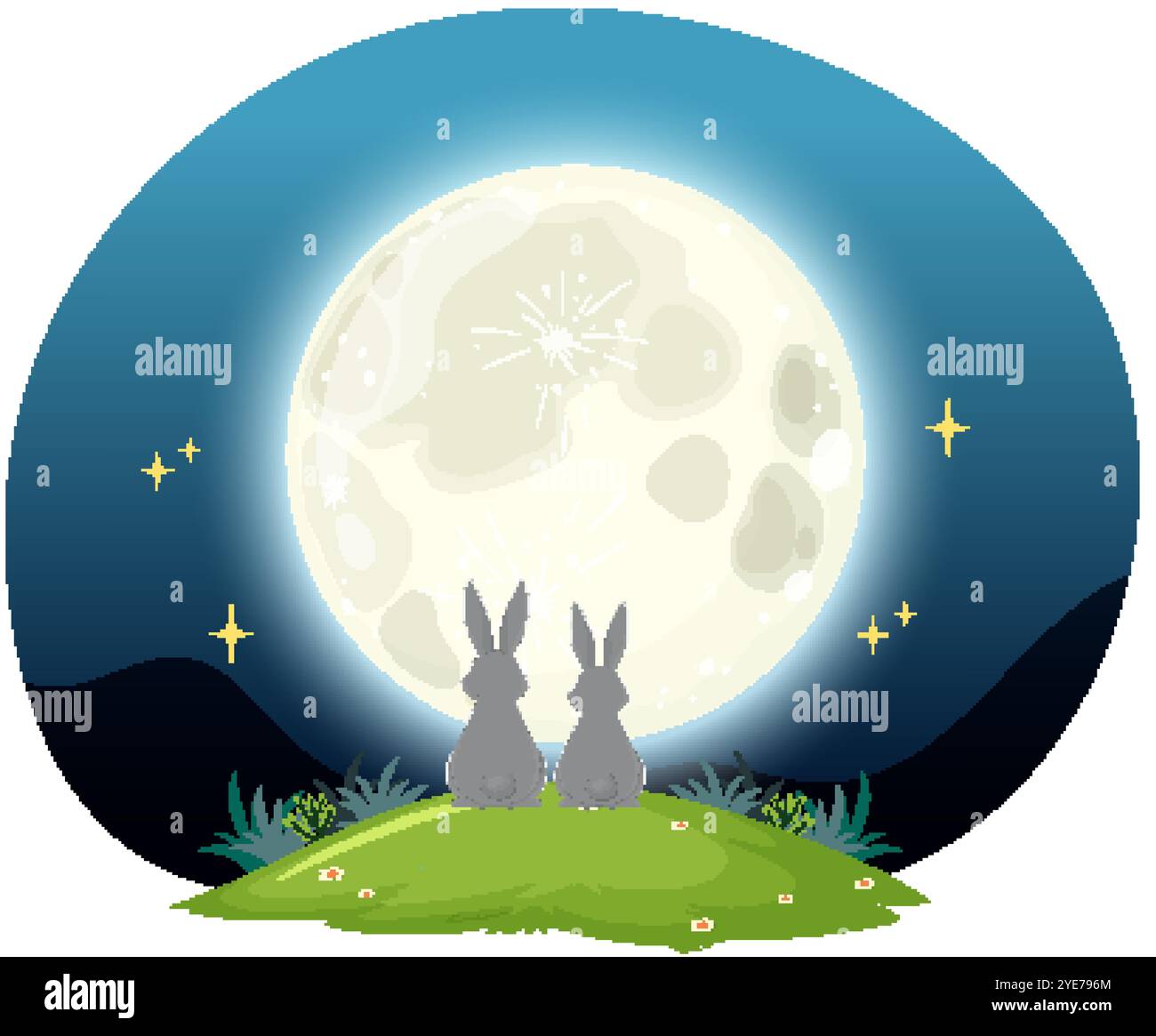 Two rabbits sit under a glowing full moon Stock Vector