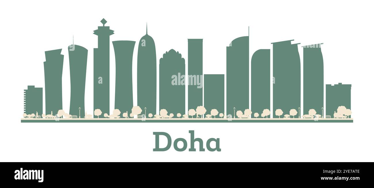 Doha Landmarks Vector Abstract Doha Qatar city skyline silhouette with color skyscrapers ...