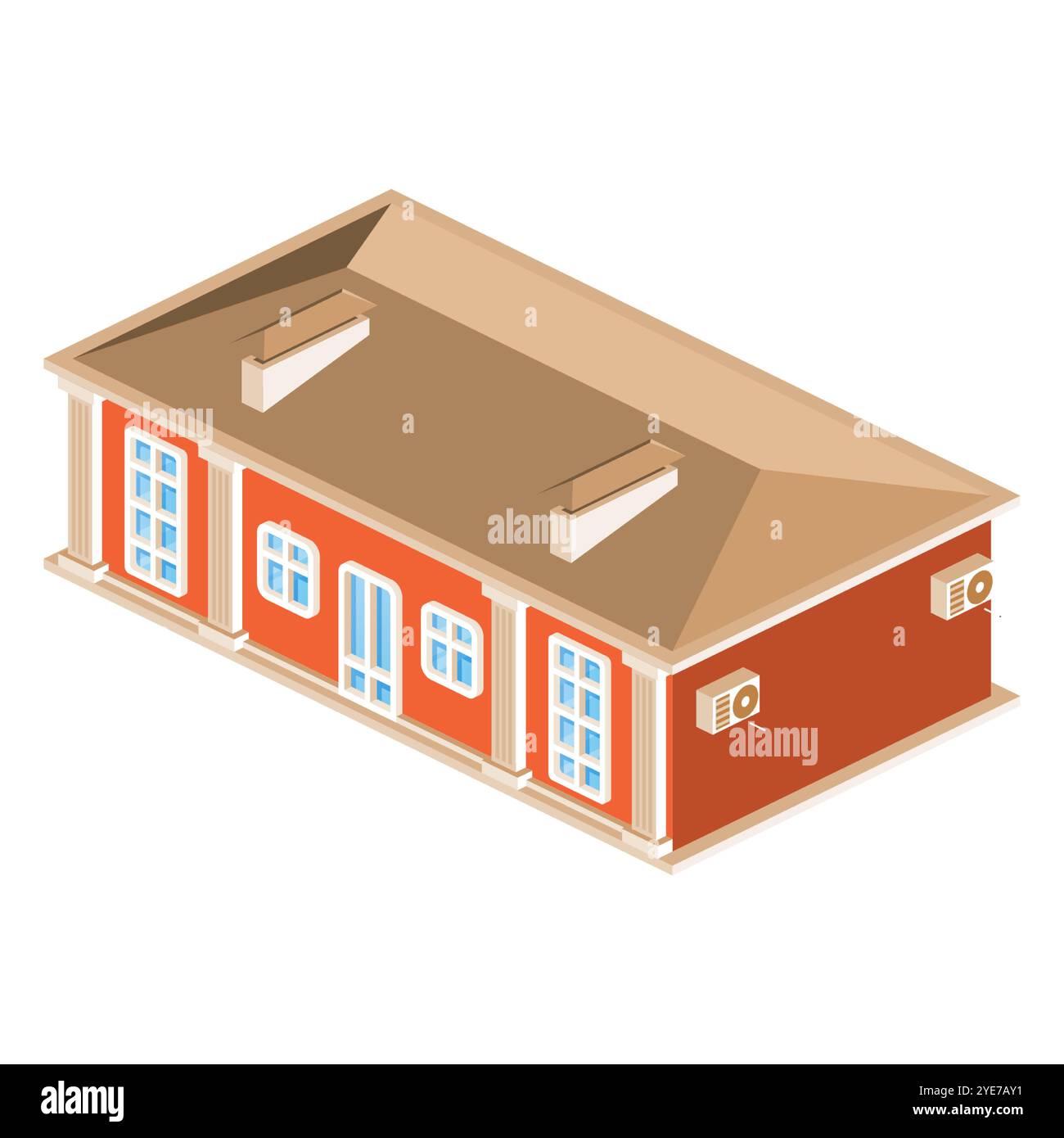 Isometric red building with multiple windows, door and a brown roof. City architecture. Vector illustration. Real estate. Stock Vector