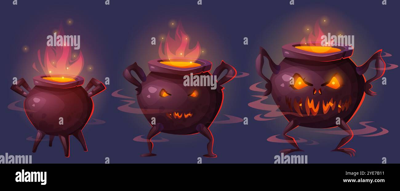 Evolution stages of spooky Halloween cauldron transforming into scary monster. Cartoon dark metal pot with glowing flame and evil eyes, creepy smile, clawed limbs, mystical orange light and smoke. Stock Vector