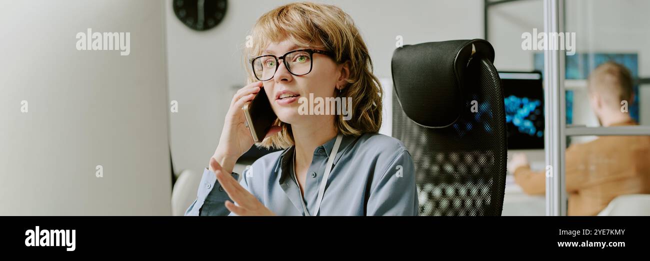 Female Manager Talking on Phone Website Header Stock Photo