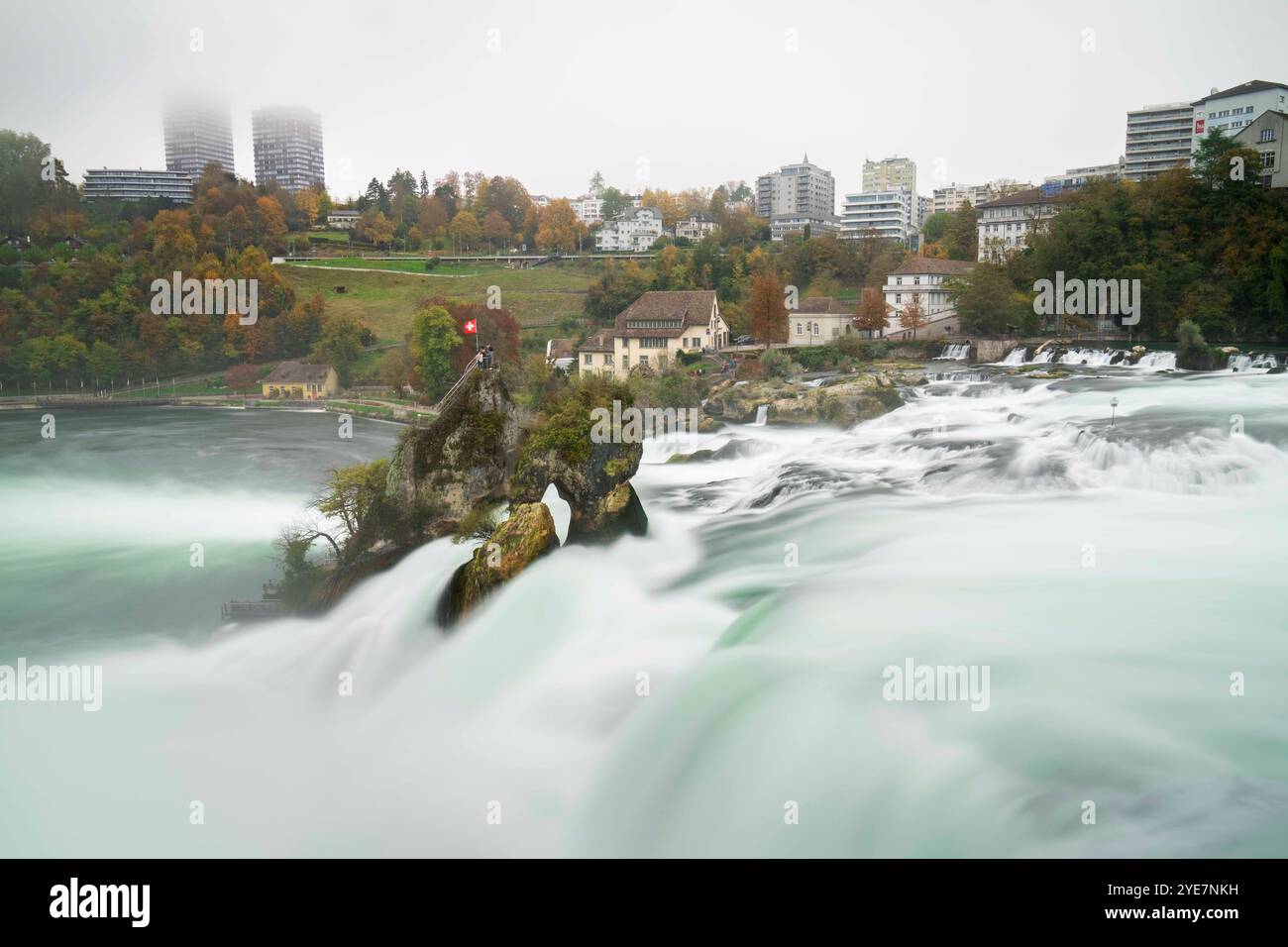 The beautiful Swiss Rhine Falls seen during the fall time. Stock Photo