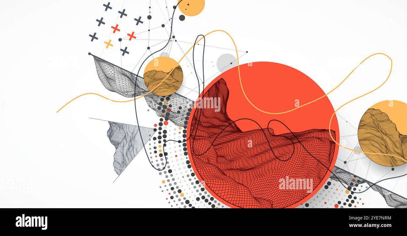 The abstract wave is made in a frame style with half tone element. Template for science and technology presentation. Hand drawn vector art. Stock Vector