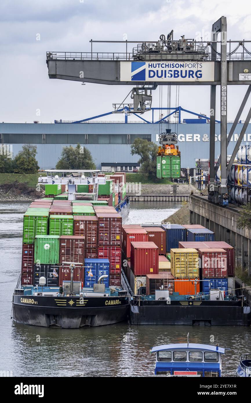 Port of Duisburg Ruhrort, Container freighter being loaded and unloaded ...