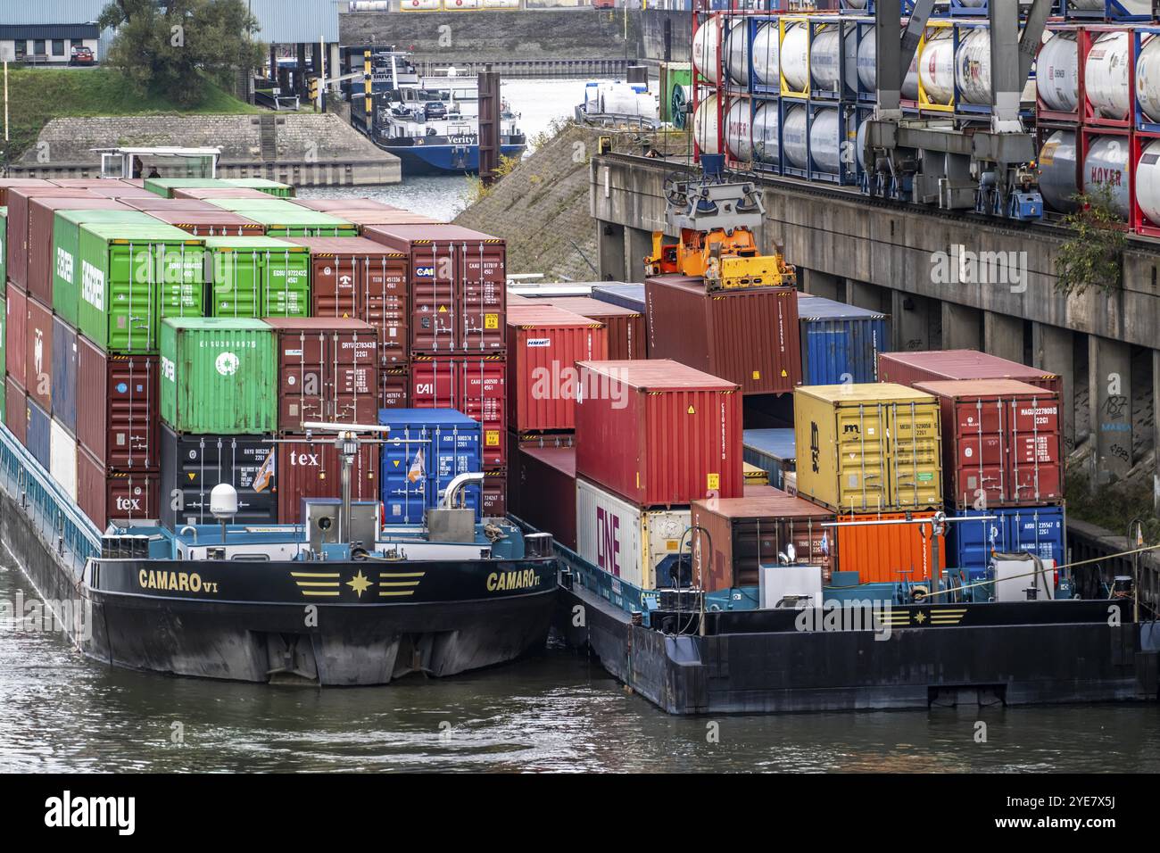 Port of Duisburg Ruhrort, Container freighter being loaded and unloaded ...