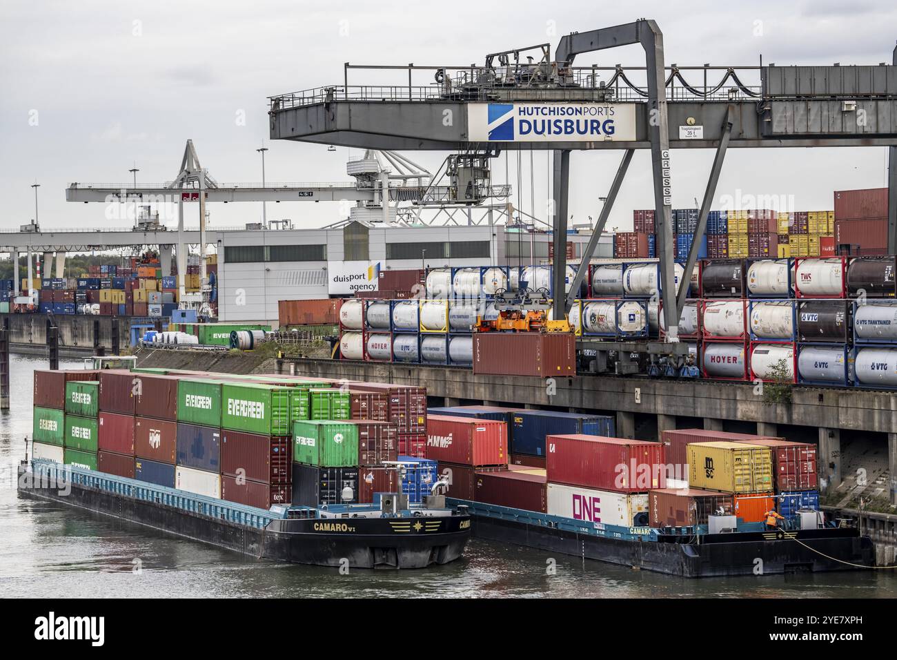 Port of Duisburg Ruhrort, Container freighter being loaded and unloaded ...