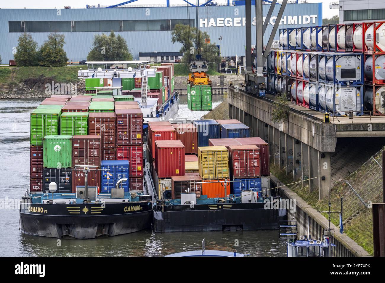 Port of Duisburg Ruhrort, Container freighter being loaded and unloaded ...
