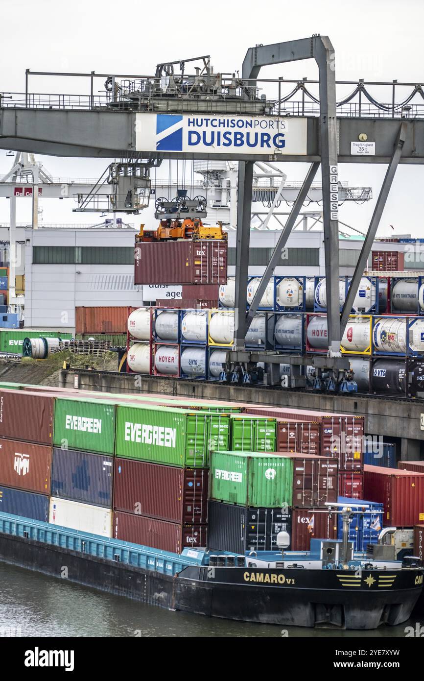 Port of Duisburg Ruhrort, Container freighter being loaded and unloaded ...