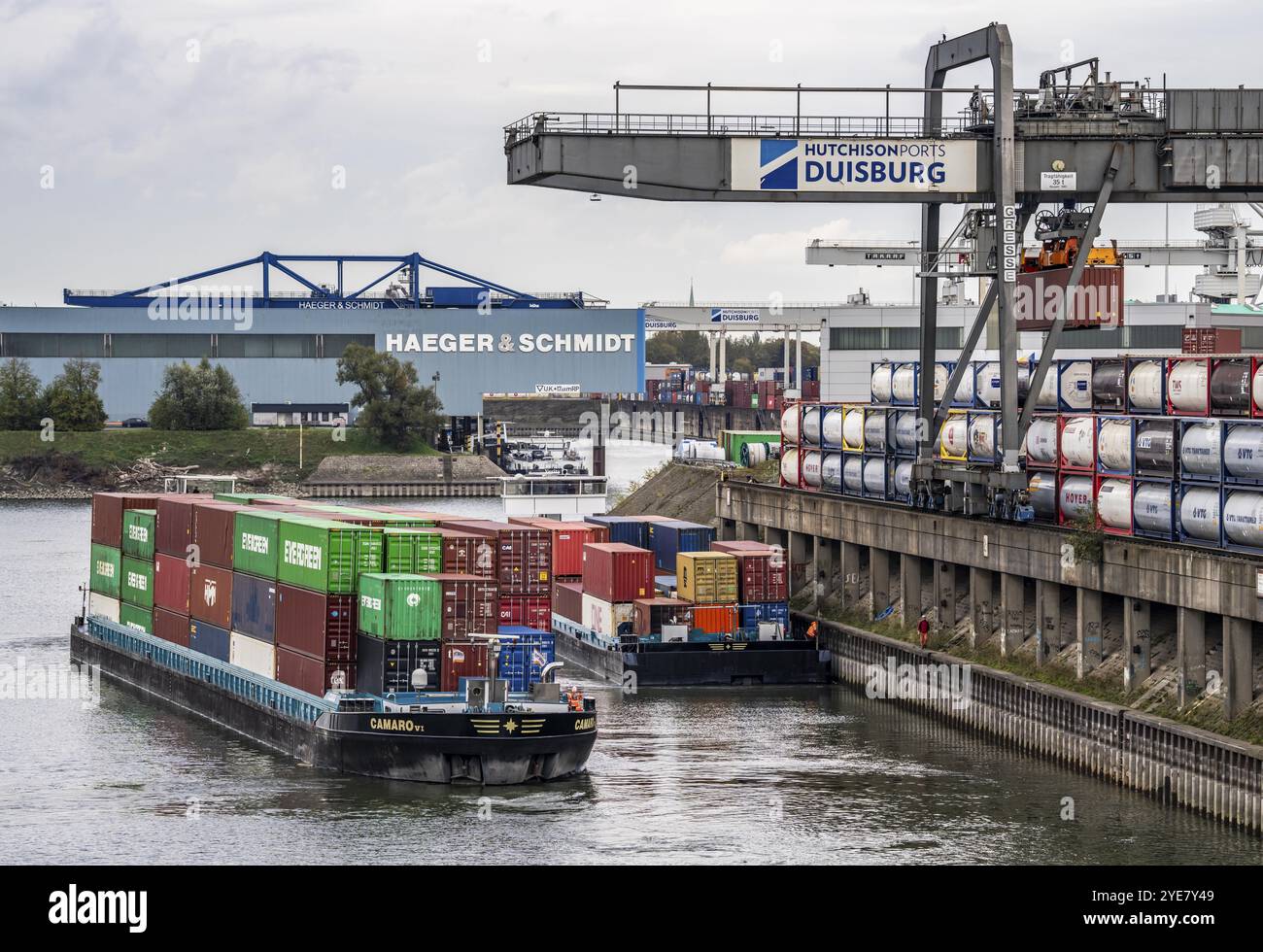 Port of Duisburg Ruhrort, Container freighter being loaded and unloaded ...