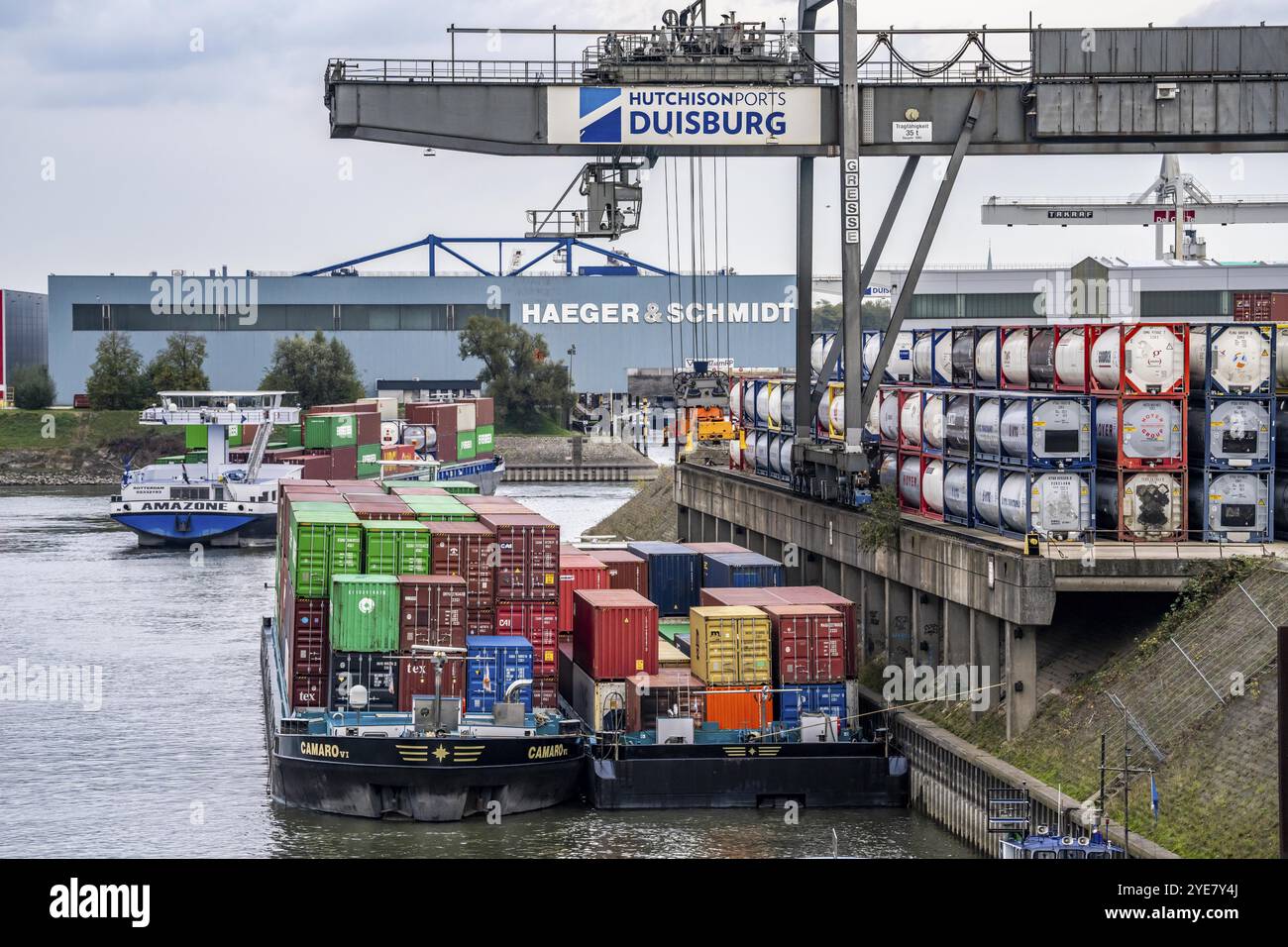 Port of Duisburg Ruhrort, Container freighter being loaded and unloaded ...
