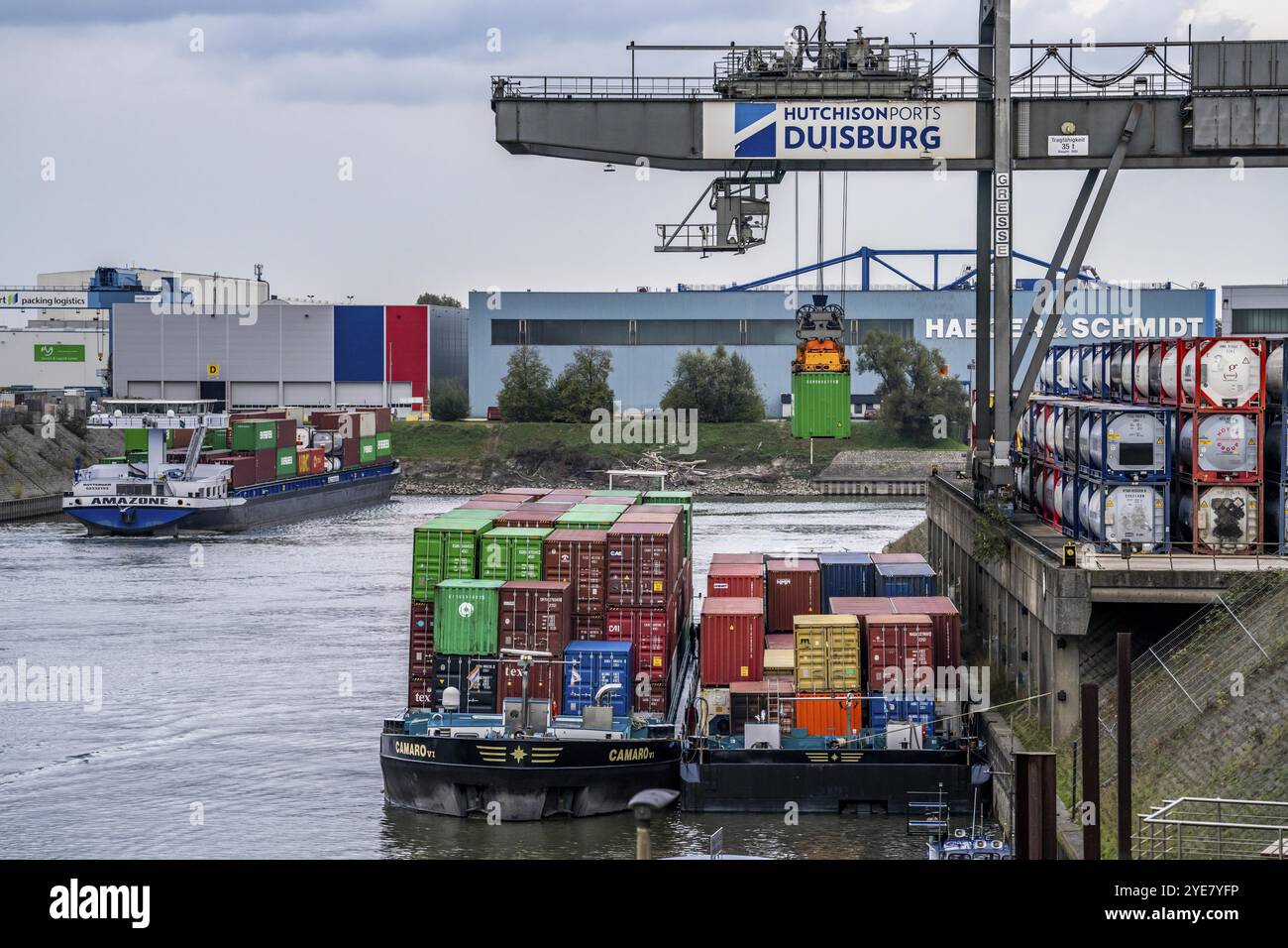 Port of Duisburg Ruhrort, Container freighter being loaded and unloaded ...