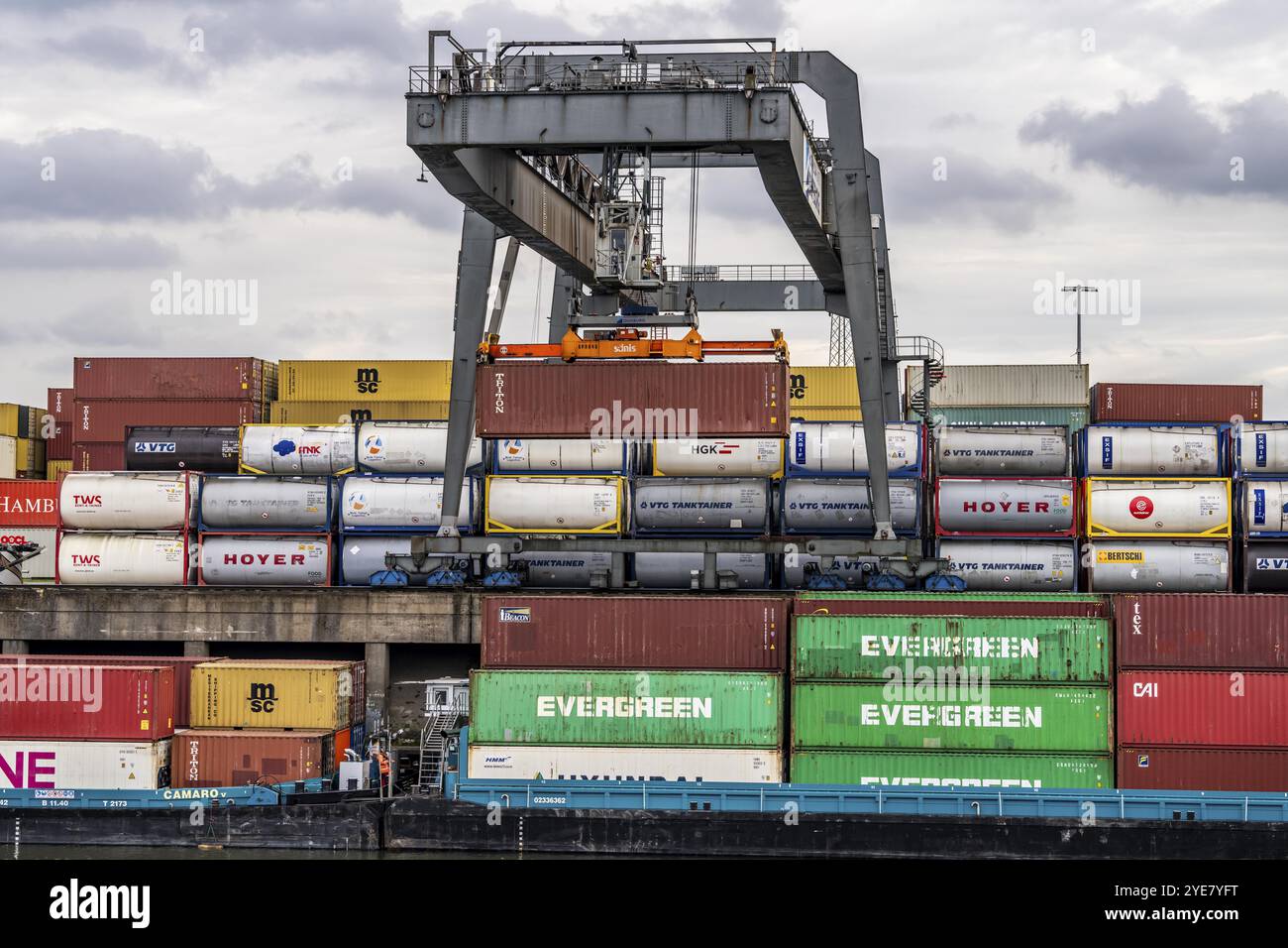 Port of Duisburg Ruhrort, Container freighter being loaded and unloaded ...