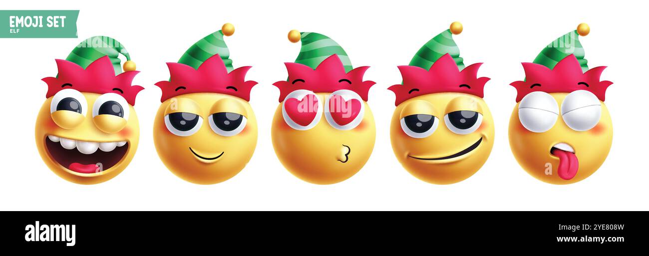 Emoji christmas elf emoticon characters vector set. Emojis xmas ...