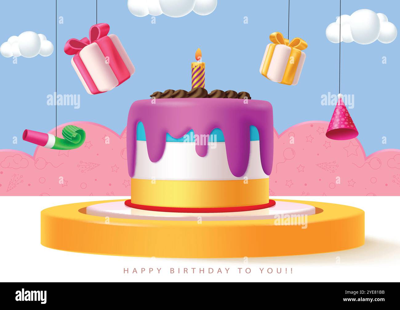 Birthday podium vector template design. Happy birthday cake in podium stage with hanging party elements in pink paper cut and blue sky background. Stock Vector
