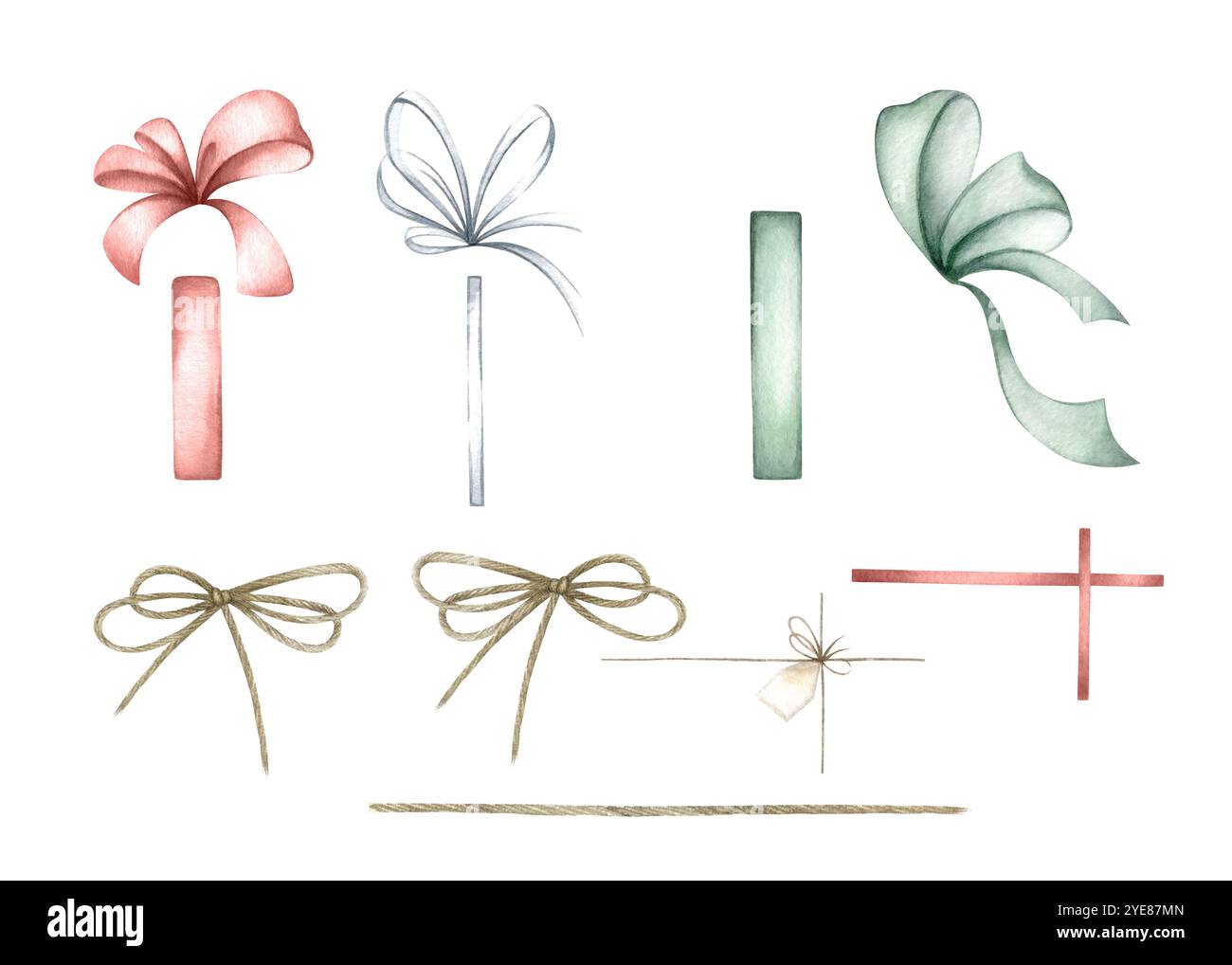 Bows, ribbons and ropes for gift wrapping in red, green, brown, white ...