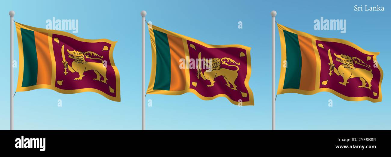 Set of three flags of Sri Lanka waving on flagpoles with a vibrant blue ...