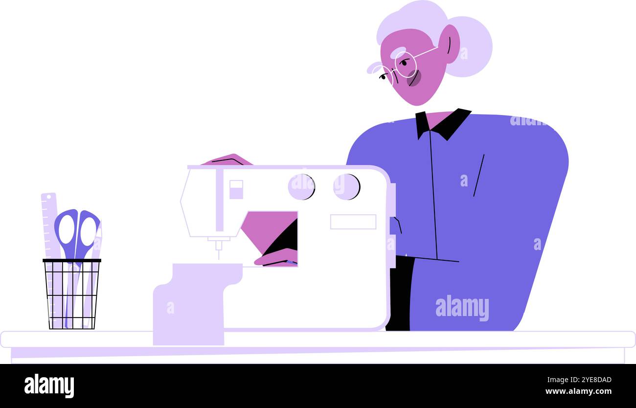 Elderly woman using sewing machine Stock Vector Images - Alamy