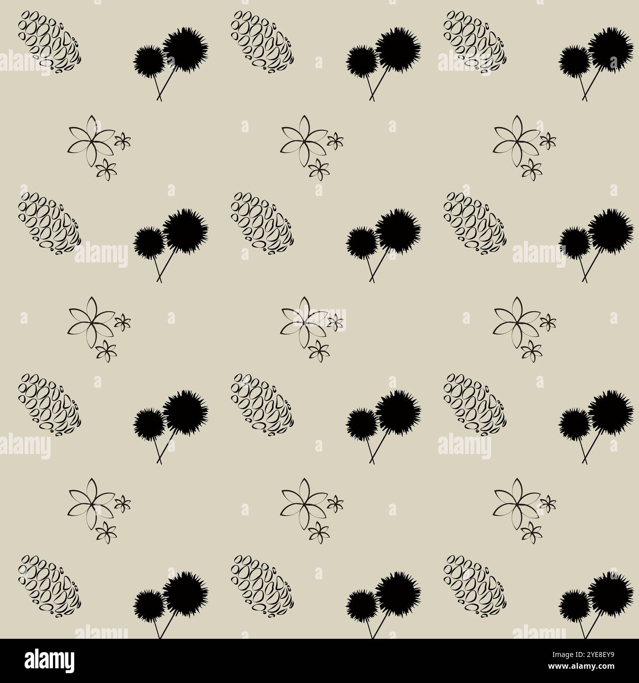 Cozy seamless floral pattern with pinecone and flowers. Stock Vector