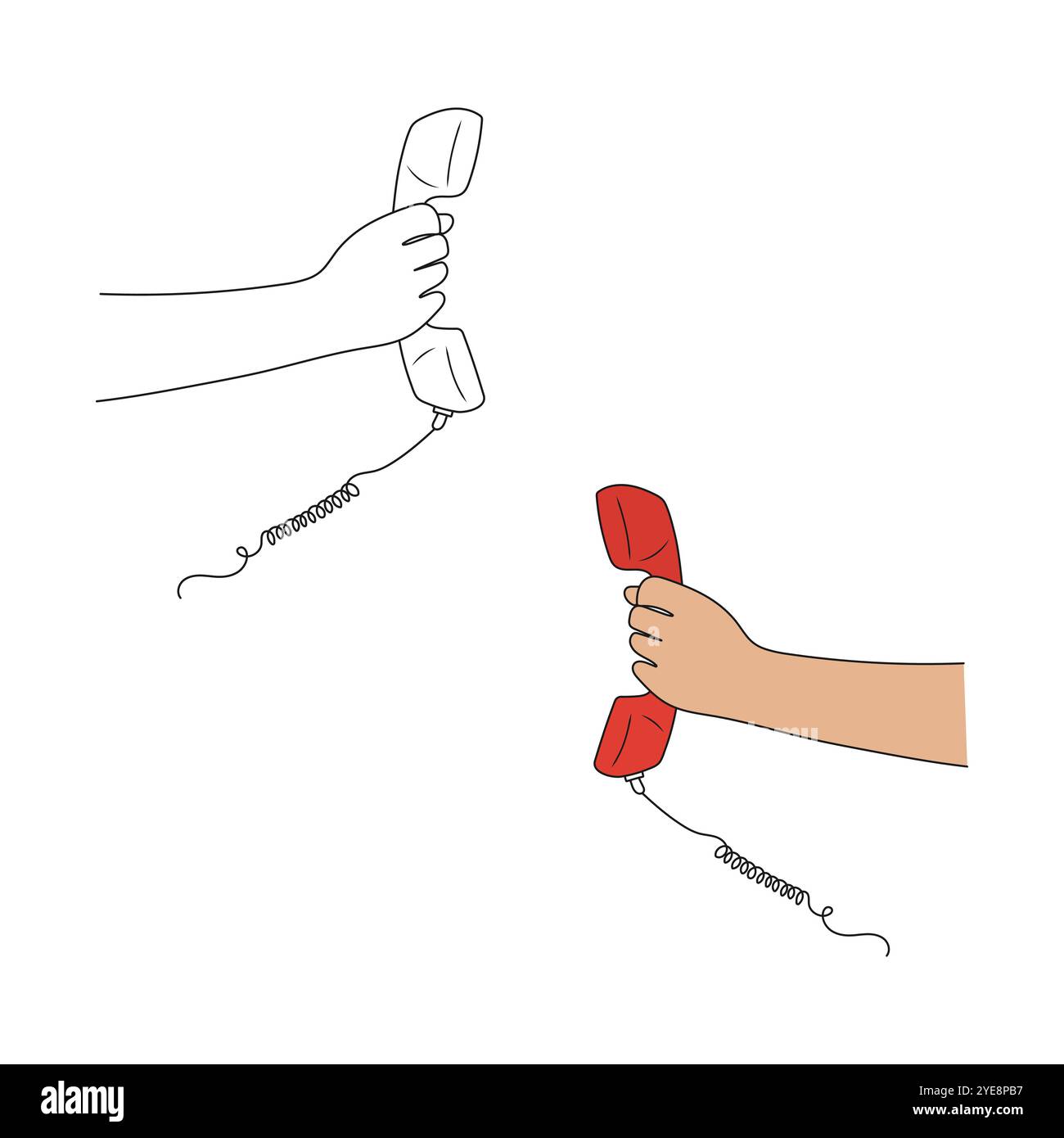 Hand holding handset of vintage landline phone. Line art. Hand drawn